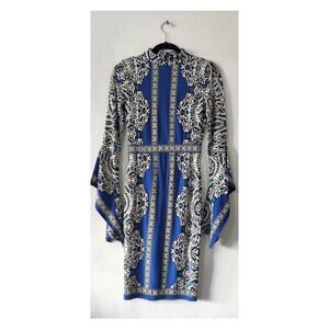 Venus Blue Floral High Neck Dress Size XS Exaggerated Sleeve